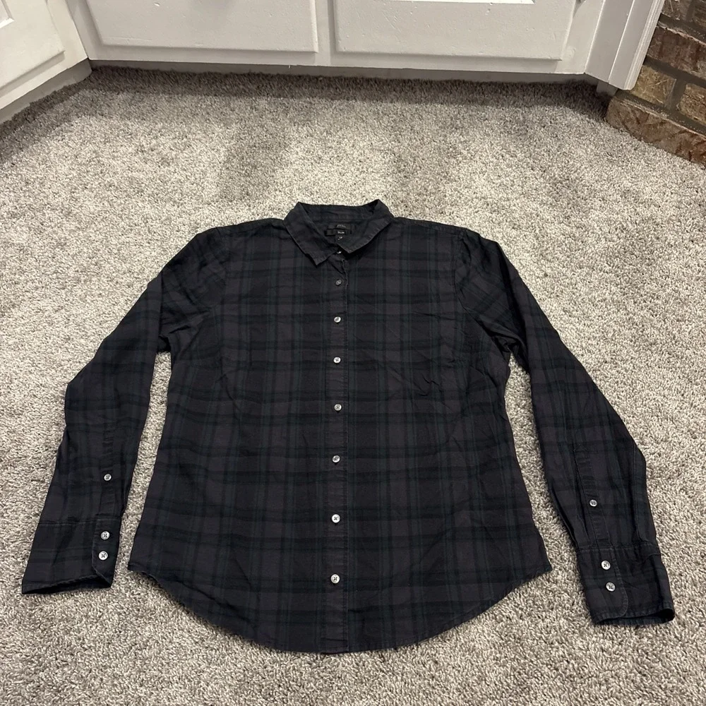 J Crew Black Watch Tartan Slim Stretch Shirt size 12 Midnight Emerald K3729
